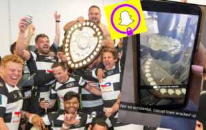 hawkes bay rugby team celebrating with ranfurly shield alongside snapchat of it broken in two.