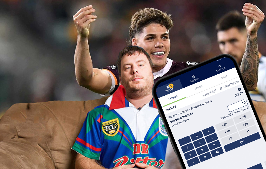 warriors fan on couch making TAB bet on couch on broncos, with reece walsh in background.
