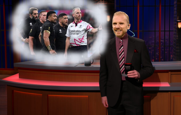 referee wayne barnes hosting talk show with thought bubble about all blacks