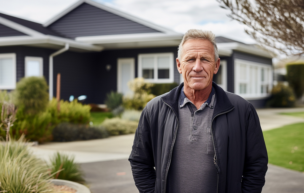 man in his 50s standing outside house in Thames New Zealand.
