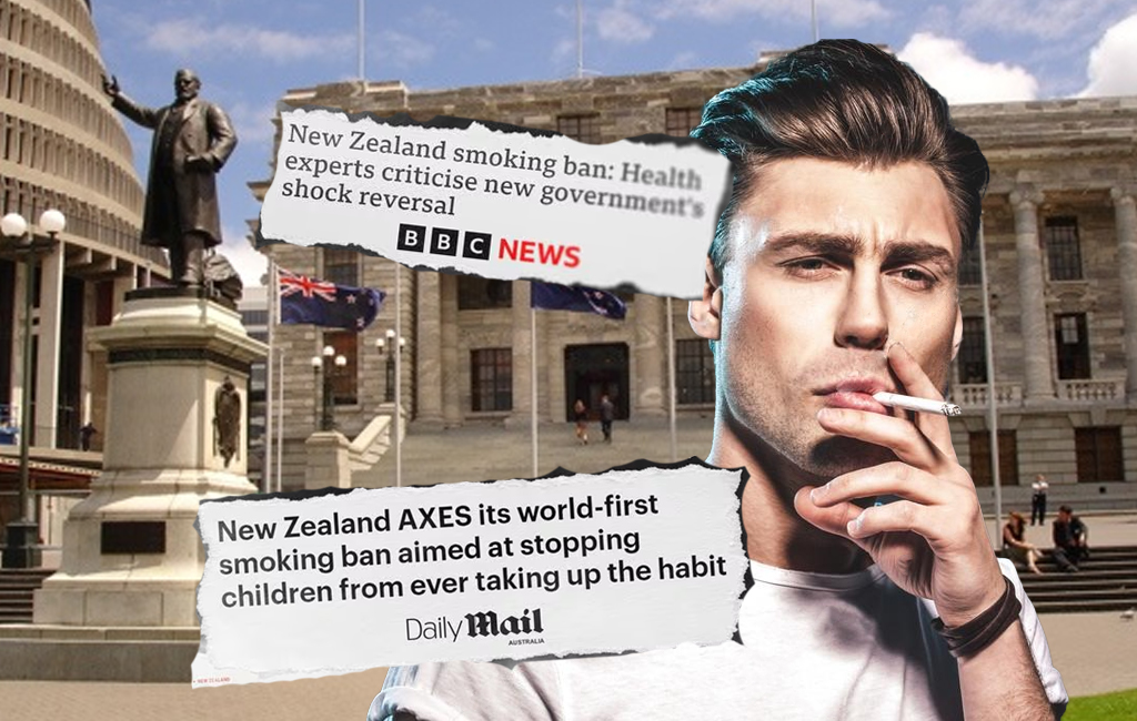 smoker smoking cigarettes outside parliament with news headlines included.
