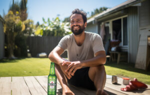 man sitting in sun on deck enjoying beer