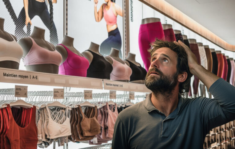 man looking bewildered in lululemon shop