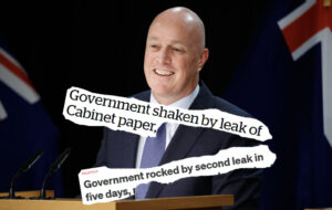 Christopher Luxon with headlines about cabinet leaks