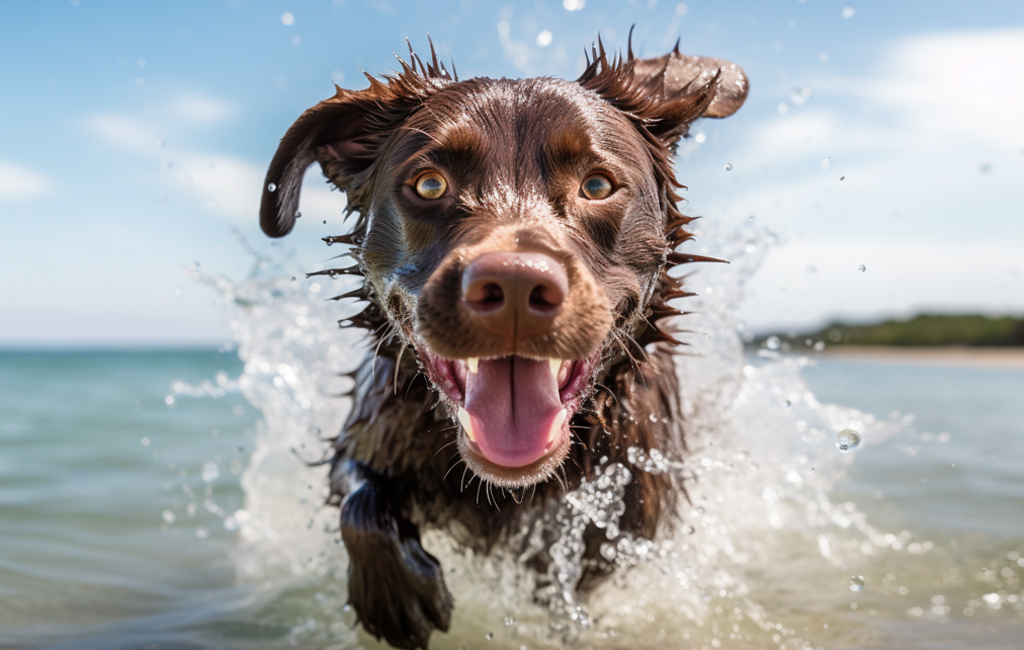 Dog splashing in water at beach