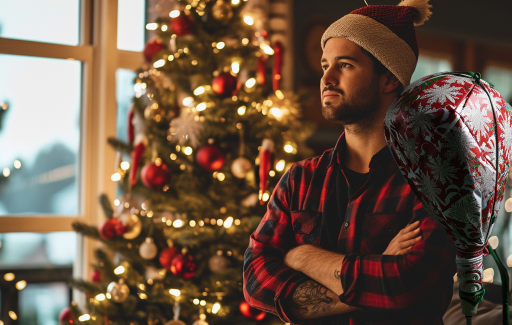 man fuming about golf driver staying in wrapping paper at christmas.