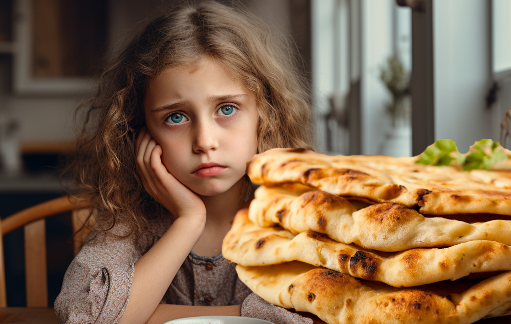 dismayed girl at dinner table, with naan bread in foreground