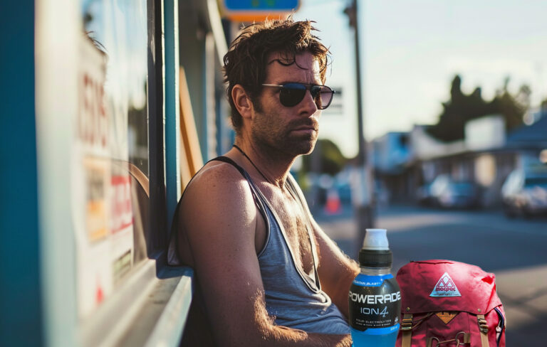 man with blue powerade outside dairy