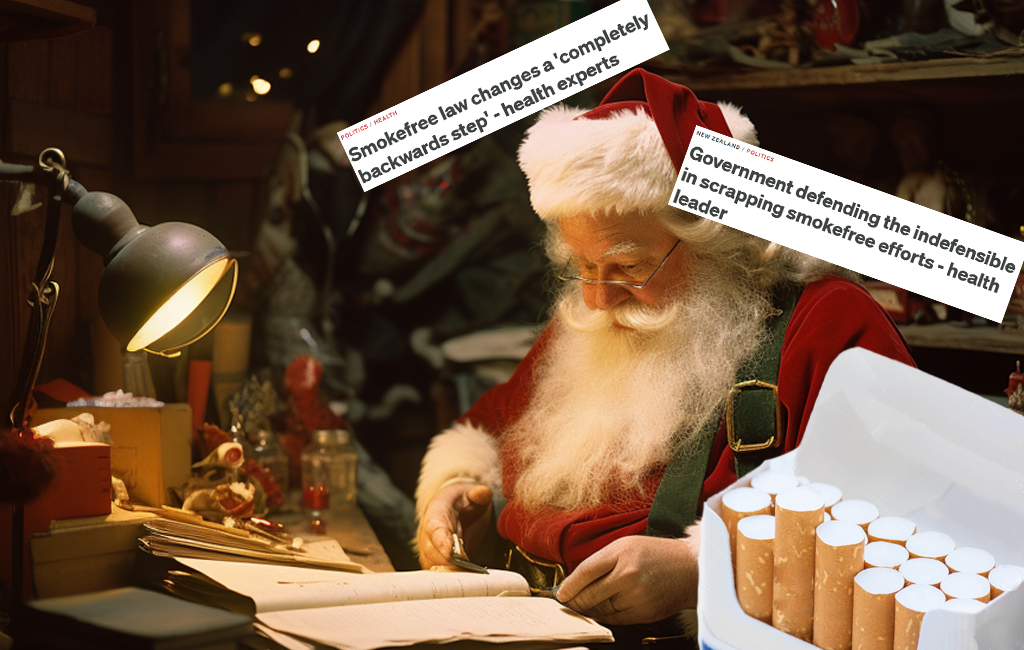 santa reading letters with cigarettes in foreground