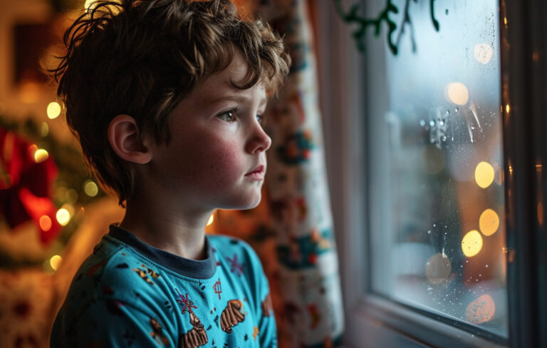tired boy looking out window for santa