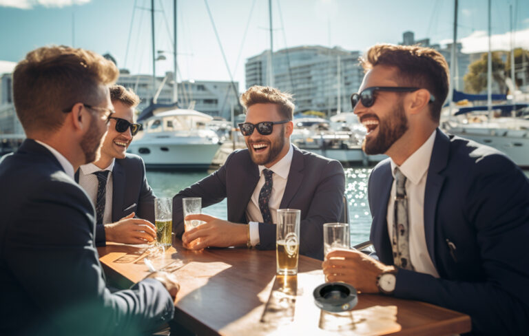 four men in suits having beers at viaduct harbour