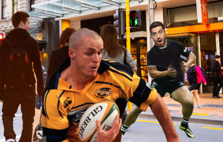 man stepping people on lambton quay, with a 1996 christian cullen in foreground