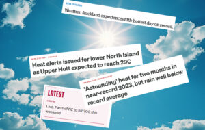 sun shining in blue sky with headlines about how hot it is