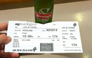 air nz boarding pass with steinlager classic