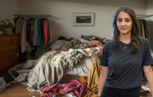 Golriz Ghahraman in messy bedroom in Auckland