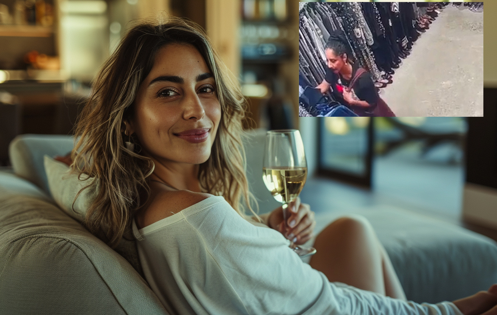 woman relaxing with glass of wine and screenshot of golriz ghahraman shoplifting
