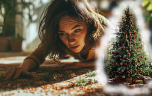 woman finding pine needles on the floor with thought bubble of christmas tree