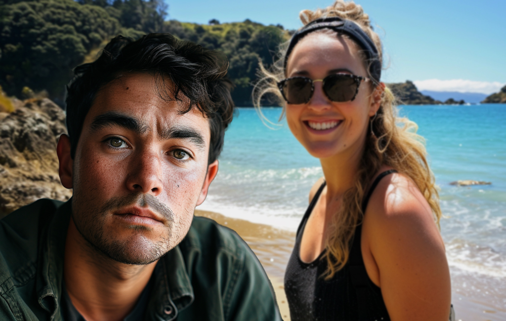 man looking overwhelmed as girlfriend poses on beach for picture