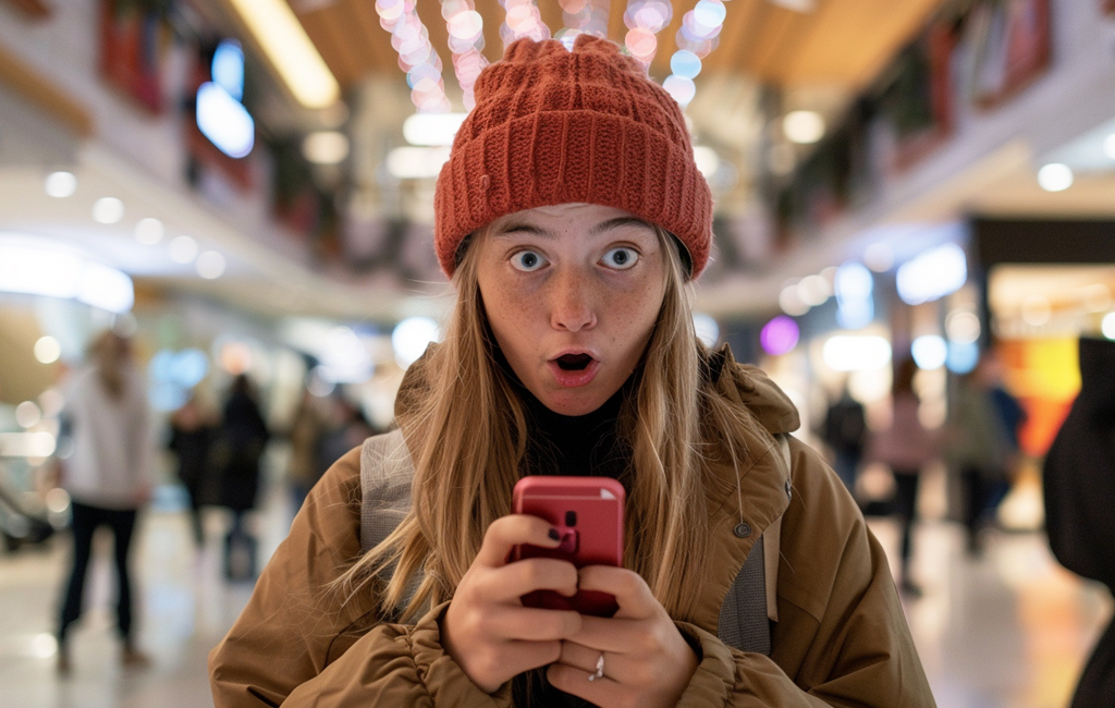 shocked teen girl in mall on phone