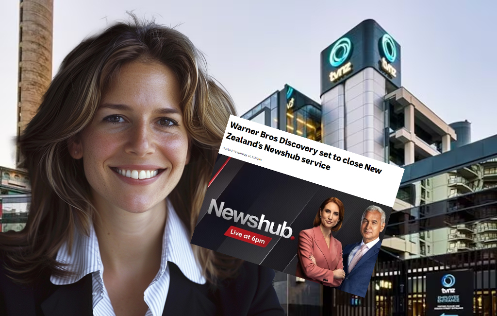anonymous executive woman in front of TVNZ building, with newshub headline