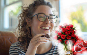 woman eating chocolate, thinking of valentines gifts