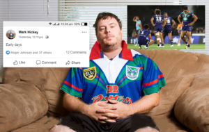 warriors fan sitting on couch with social media post