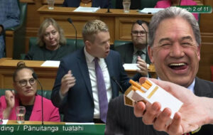 Chris Hipkins in debating chamber with outstretched cigarette and a laughing Winston Peters