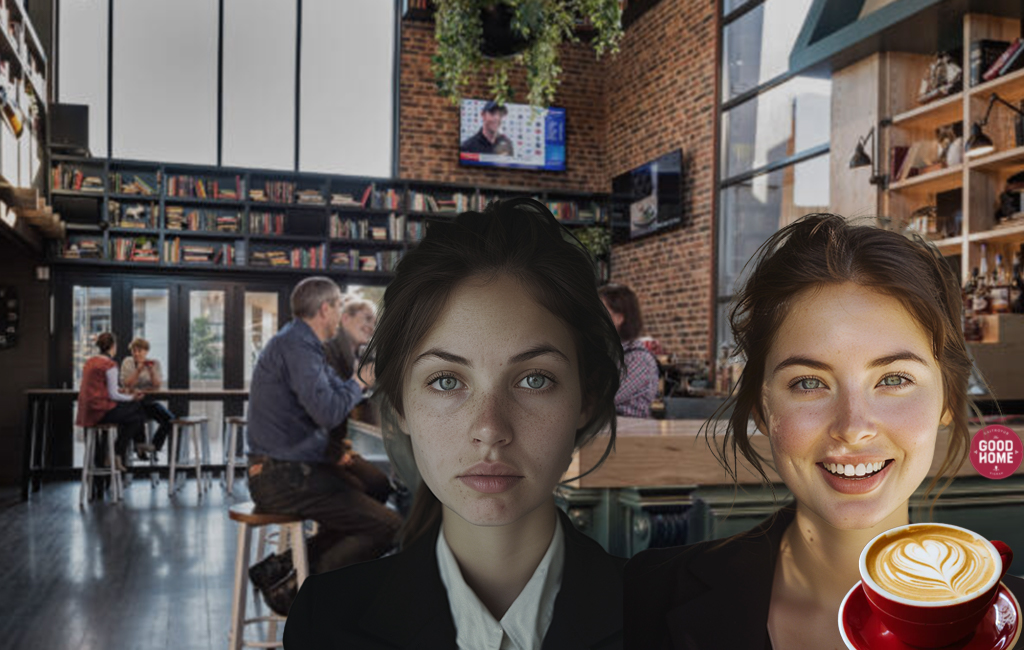woman at coffee place before and after coffee