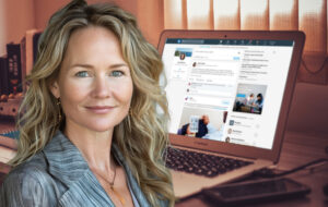 woman in front of linkedin laptop