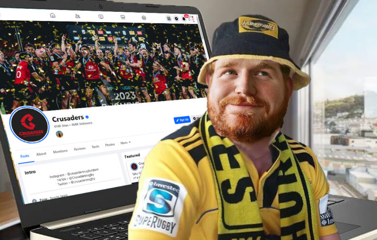 canes fan in front of crusaders fb page on laptop