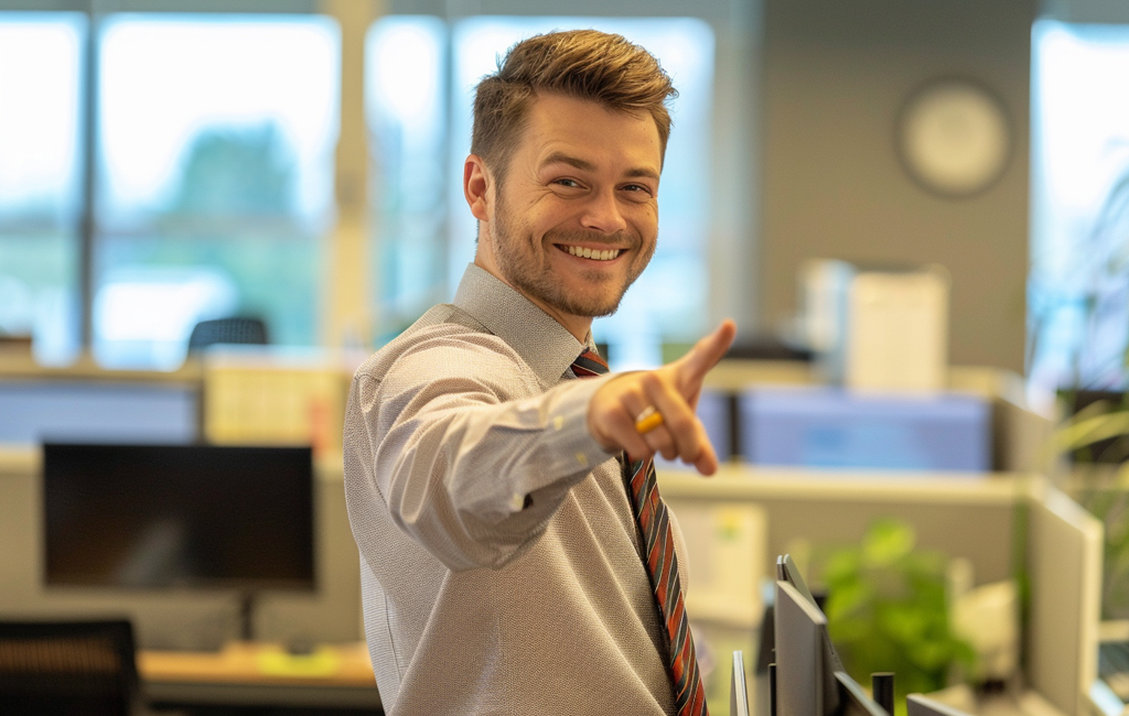 man in office pointing and smiling