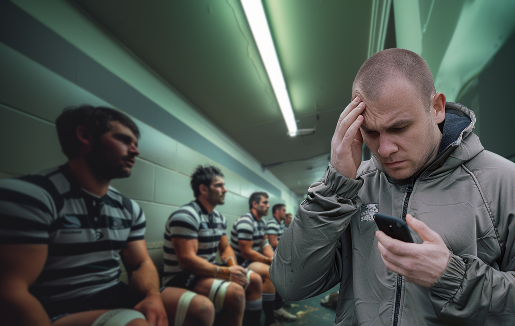 stressed rugby coach looking at phone in rugby changing room
