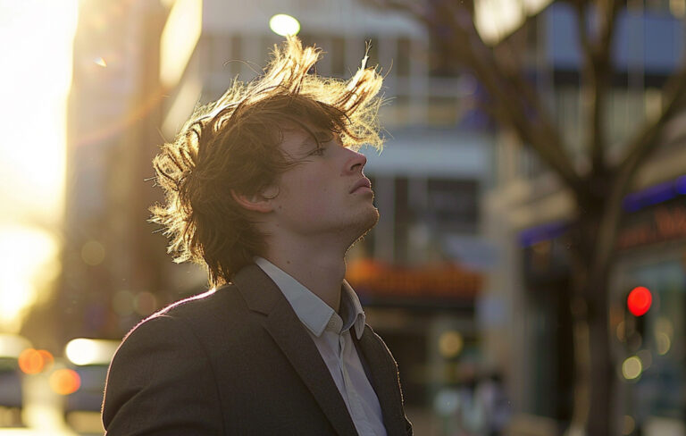 man standing on courtenay place with windswept hair