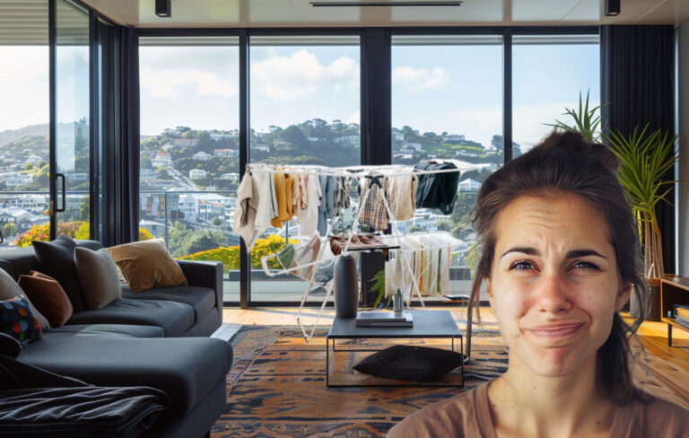 woman in modern apartment with clothes horse
