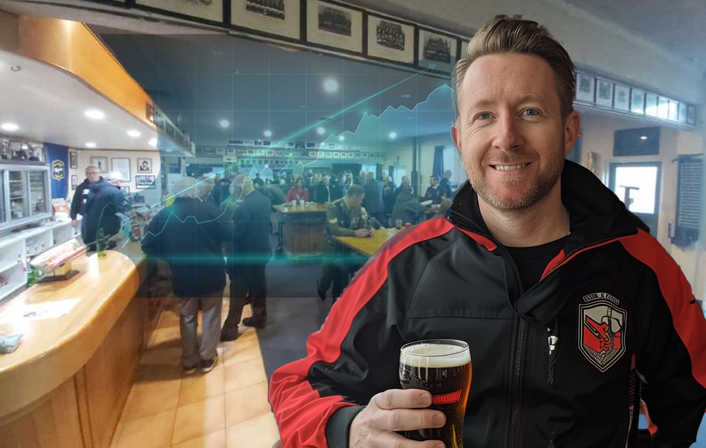 man having beer in clubrooms, with economic forecast behind him.