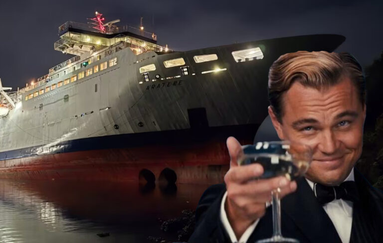 Leo DiCaprio cheersing the grounded Interislander