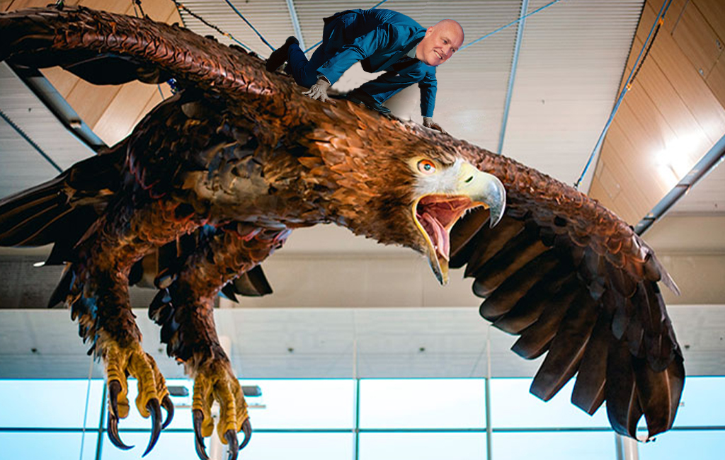 Chris Luxon on back of eagle at wellington airport