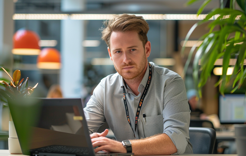 man with lanyard looking dejected at laptop