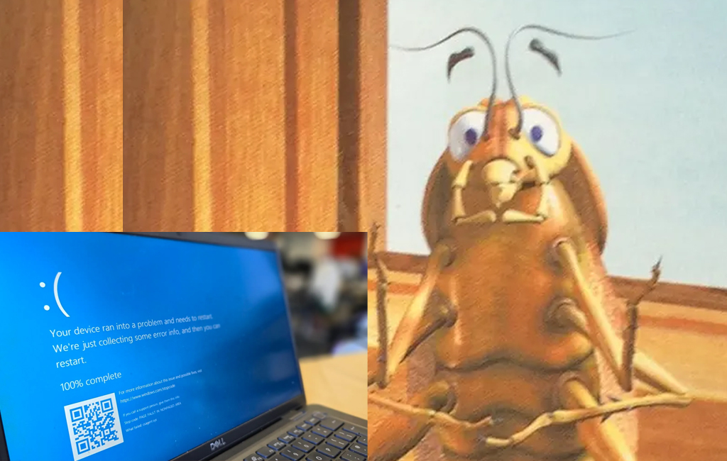 Ken the cockroach with blue screen of death computer