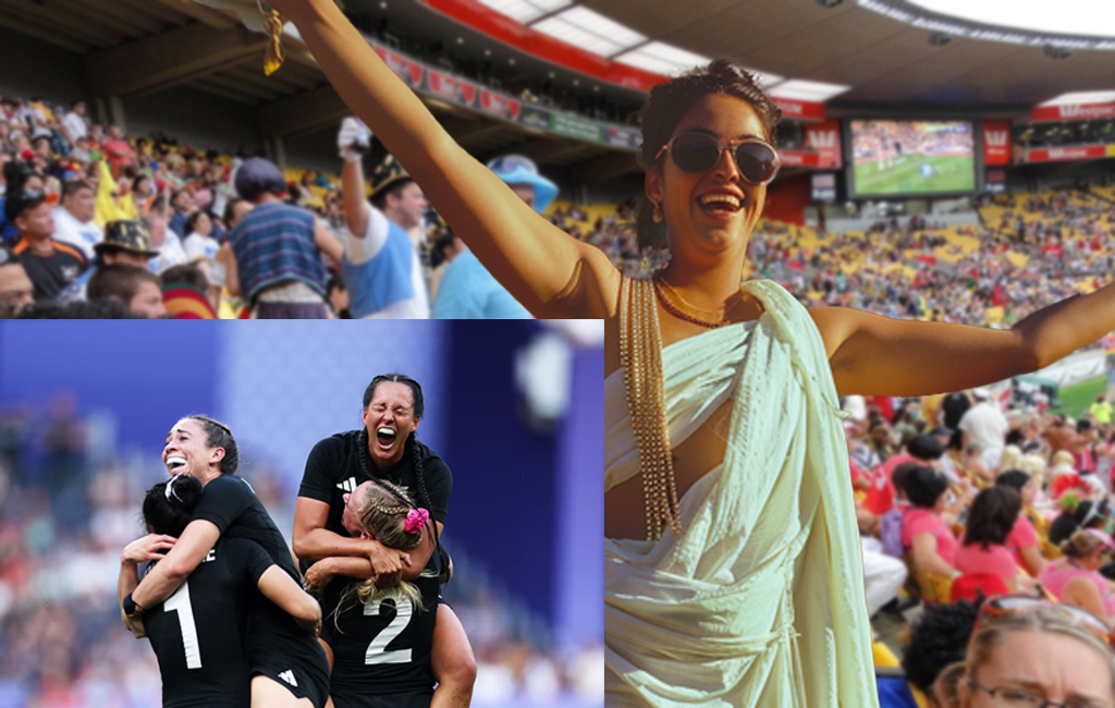 woman at wellington sevens with the nz women's rugby sevens team winning gold