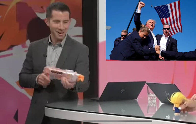 tvnz presenter shooting at trump doll with extra image of Trump after surviving assassination attempt.