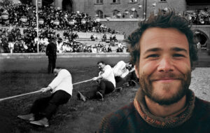 man in front of old olympic tug of war film