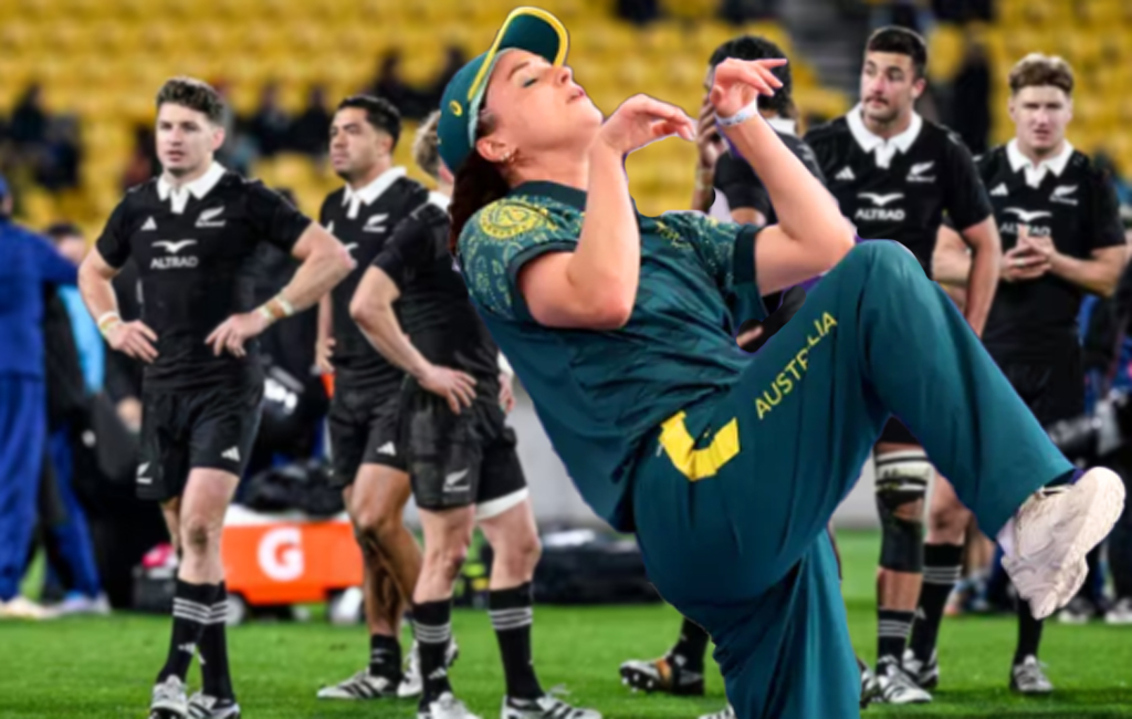 Australian breakdancer in front of all blacks.