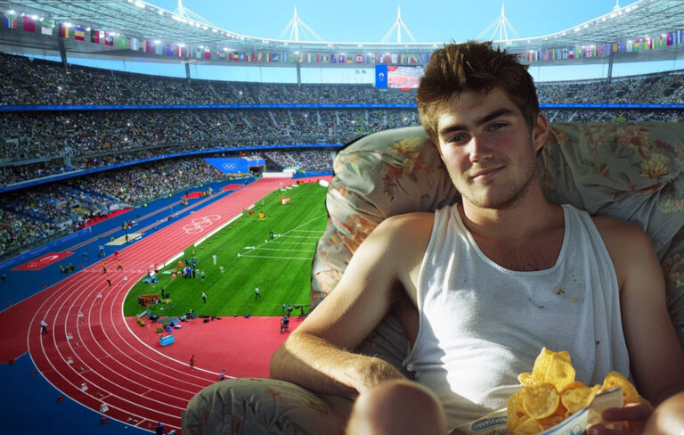 man in armchair with olympic stadium behind