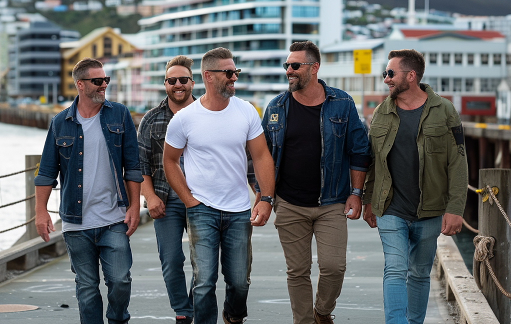 horde of men walking along Wellington's waterfront.