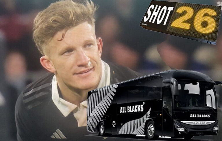 Damian McKenzie taking shot with team bus and shot clock there.