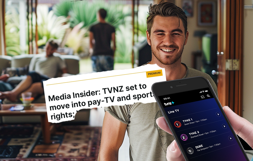 TVNZ app on phone with man standing in lounge