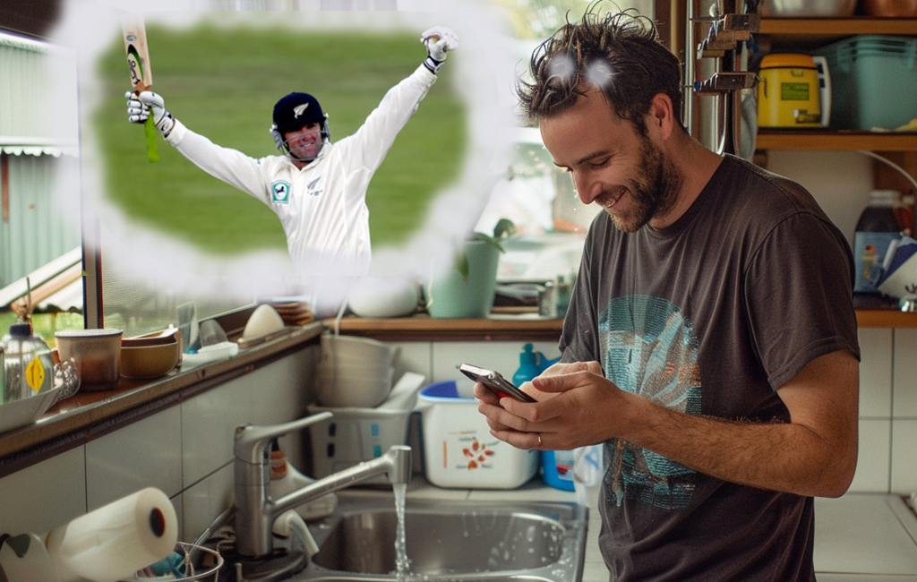 Man stops doing dishes to look at Nathan Astle highlights on phone