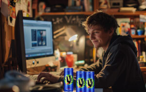 man on computer with cans of blue V