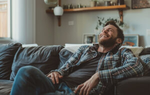 man laughing on couch